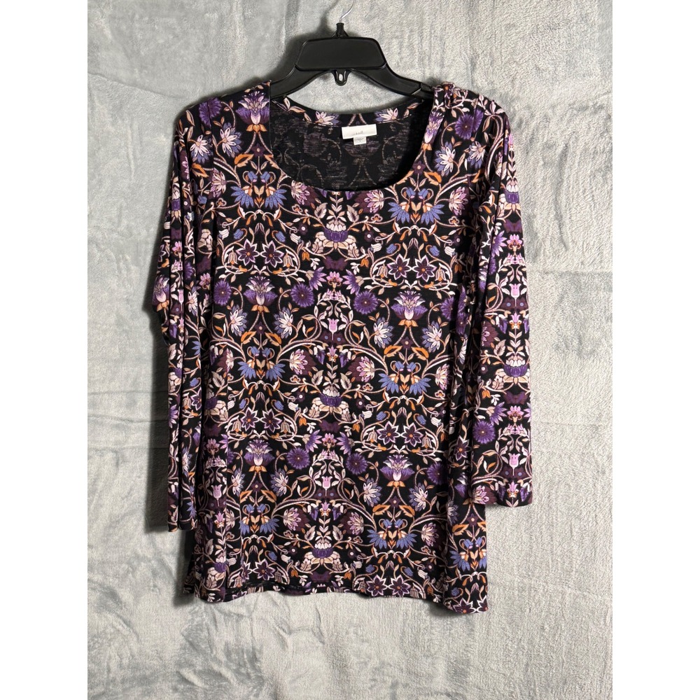 J. Jill Women's Purple Floral Scoop Neck Long Sleeve Top Small Black Cotton